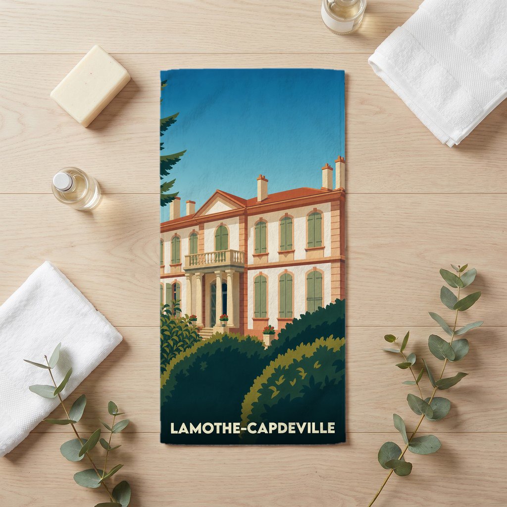 Serviette de bain souvenir de Lamothe-Capdeville avec une illustration stylisée d'une demeure historique.