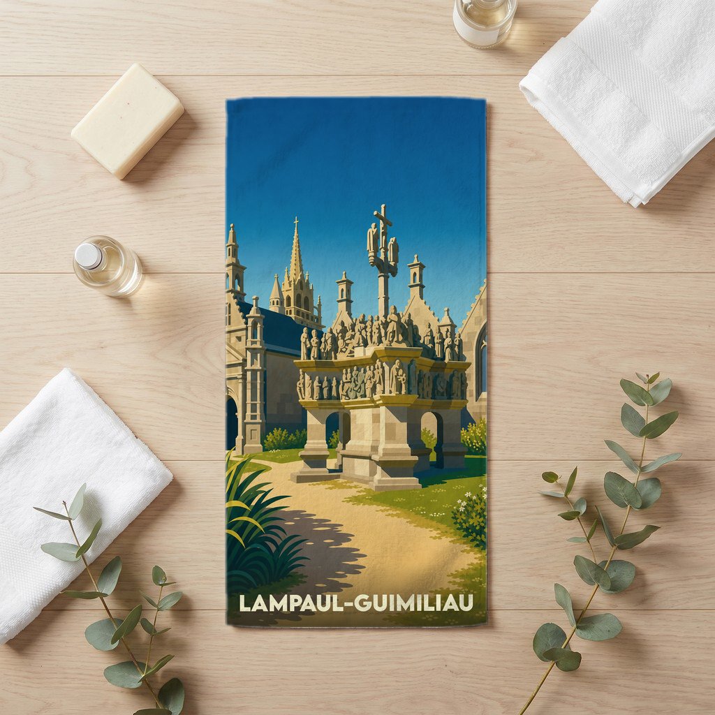Serviette de bain souvenir de la ville de Lampaul-Guimiliau avec une illustration stylisée de son enclos paroissial.