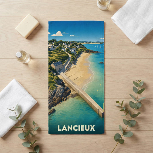 Serviette de bain souvenir de la ville de Lancieux avec une illustration stylisée de son littoral.