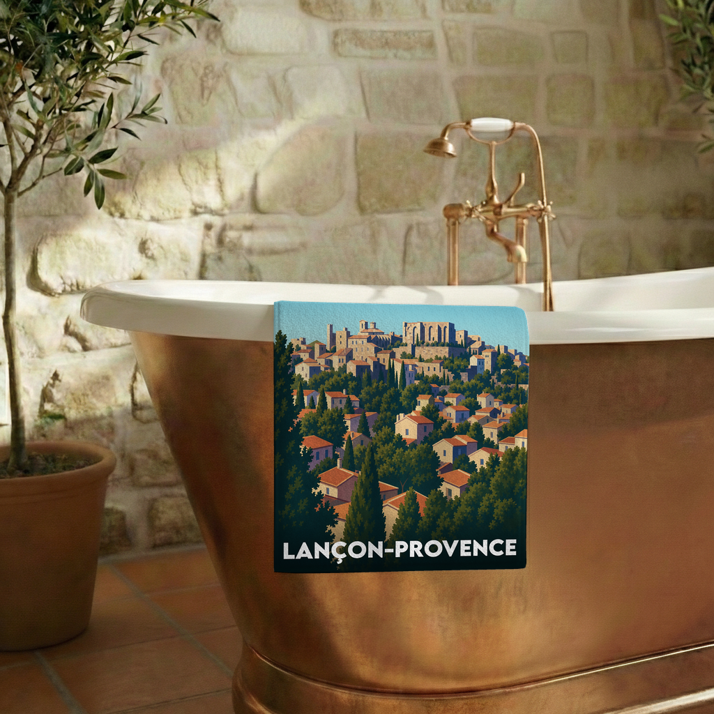 Serviette de bain souvenir de la ville de Lançon-Provence avec une illustration stylisée.