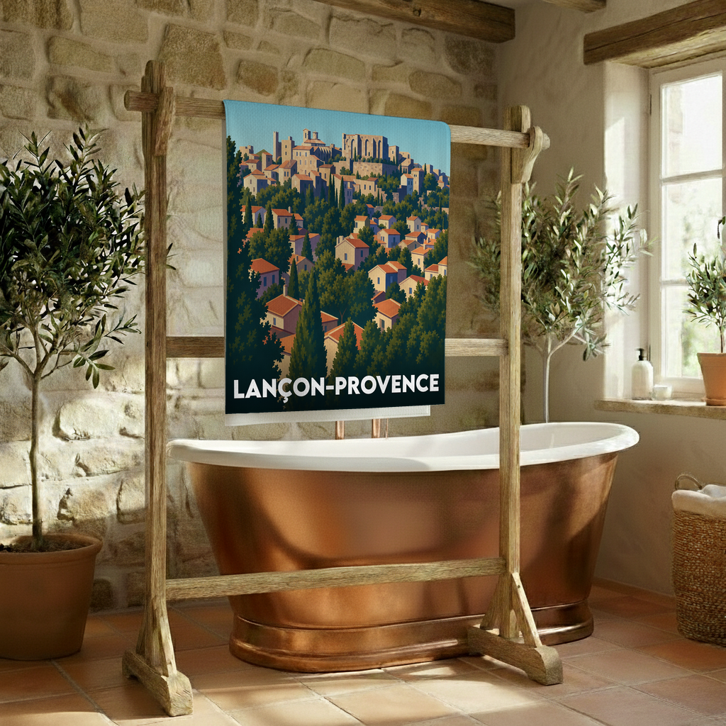 Serviette de bain souvenir de la ville de Lançon-Provence avec une illustration stylisée.