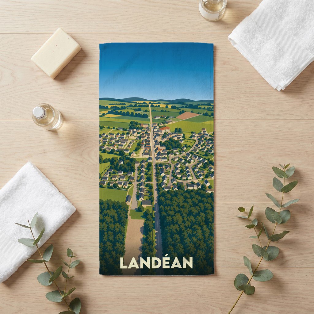 Serviette de bain souvenir de la ville de Landéan avec une illustration aérienne stylisée.