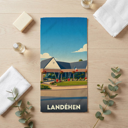 Serviette de bain souvenir de la ville de Landéhen avec une illustration stylisée de sa mairie.