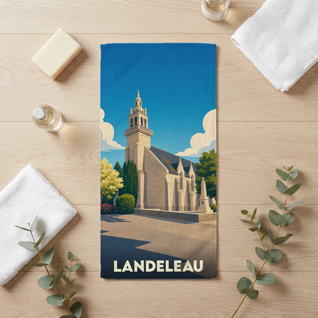 Serviette de bain souvenir de la ville de Landeleau avec une illustration stylisée de son église.