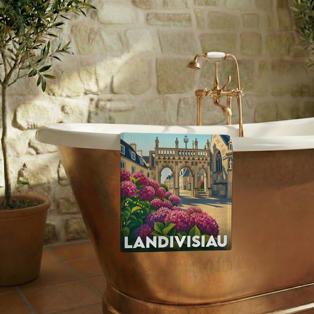 Serviette de bain souvenir de la ville de Landivisiau avec une illustration stylisée.
