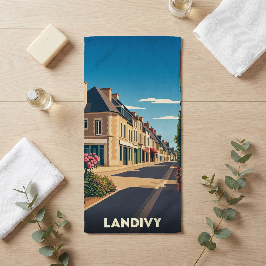 Serviette de bain souvenir de la ville de Landivy illustrant une rue pittoresque dans un style graphique épuré.