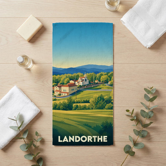Serviette de bain souvenir de la ville de Landorthe avec une illustration de paysage champêtre stylisé.