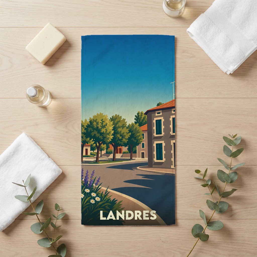 Serviette de bain souvenir de la ville de Landres avec une illustration stylisée.