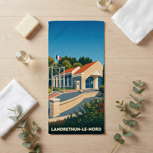 Serviette de bain souvenir de Landrethun-le-Nord avec une illustration stylisée de la ville.