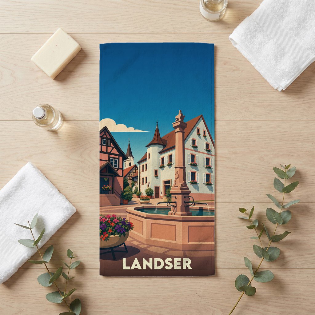 Serviette de bain souvenir de la ville de Landser avec une illustration stylisée d'une place historique.