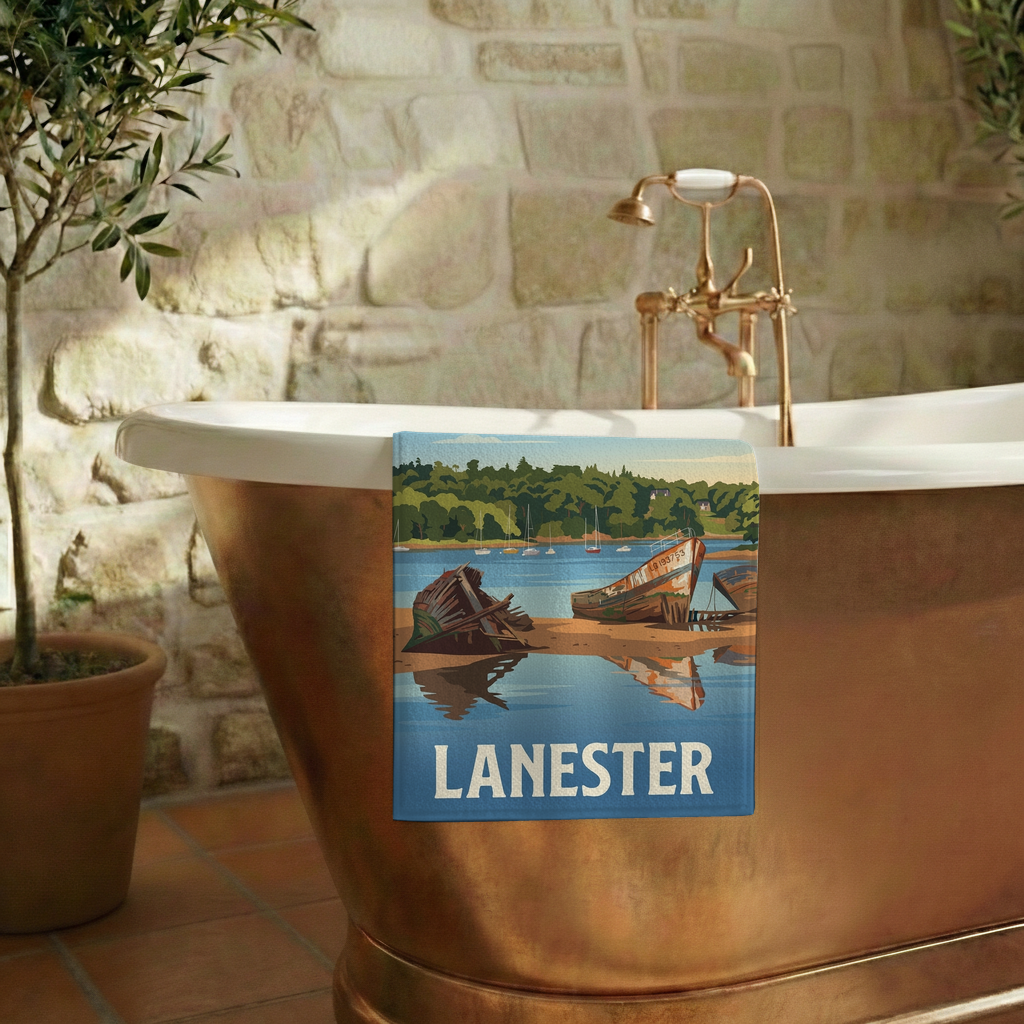 Serviette de bain souvenir de la ville de Lanester avec une illustration stylisée.