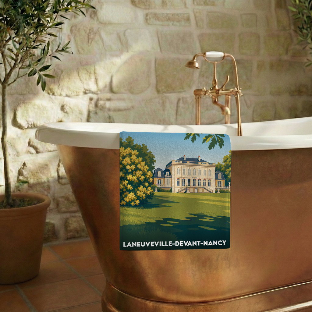 Serviette de bain souvenir de Laneuveville-devant-Nancy illustrée d'un château dans un parc arboré.