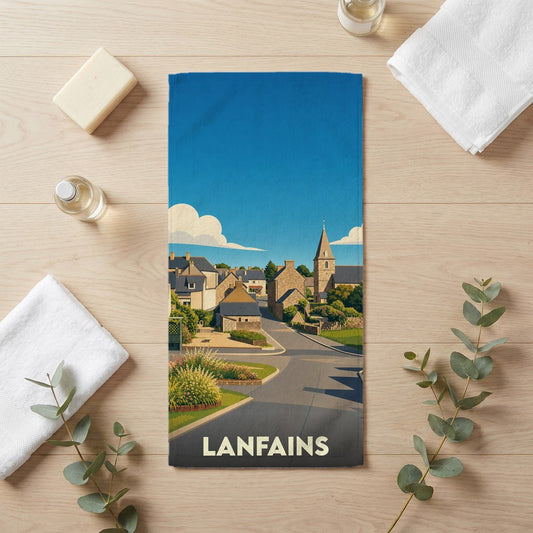 Serviette de bain souvenir de la ville de Lanfains avec une illustration stylisée.