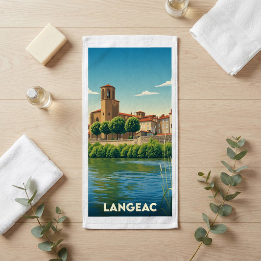Serviette de bain souvenir de la ville de Langeac avec une illustration stylisée de son église et des bords de l'Allier.