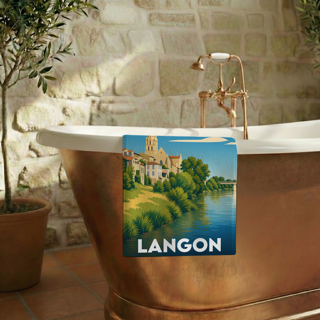 Serviette de bain souvenir de la ville de Langon avec une illustration stylisée.