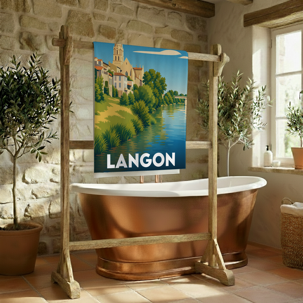 Serviette de bain souvenir de la ville de Langon avec une illustration stylisée.