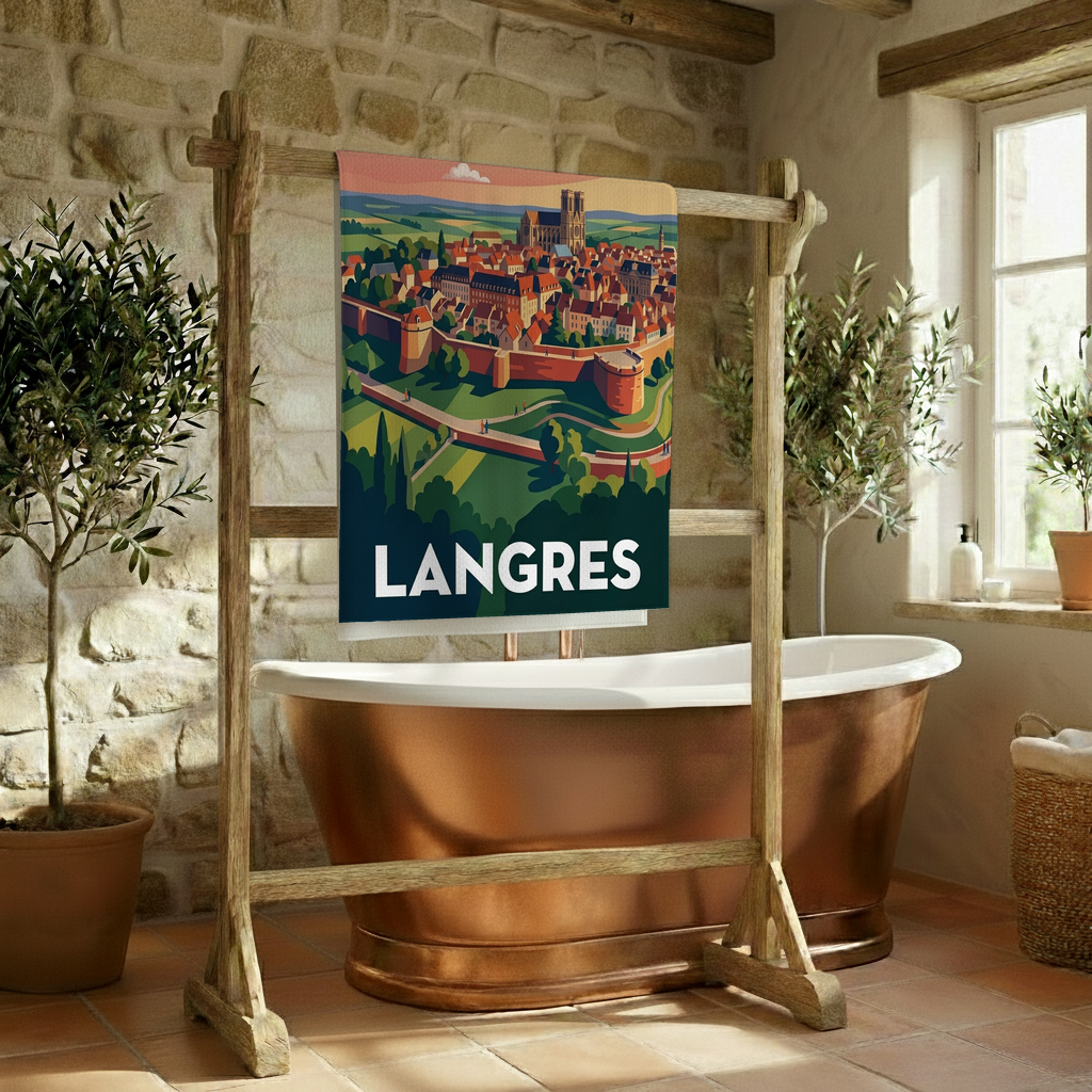 Serviette de bain souvenir de la ville de Langres avec une illustration stylisée.