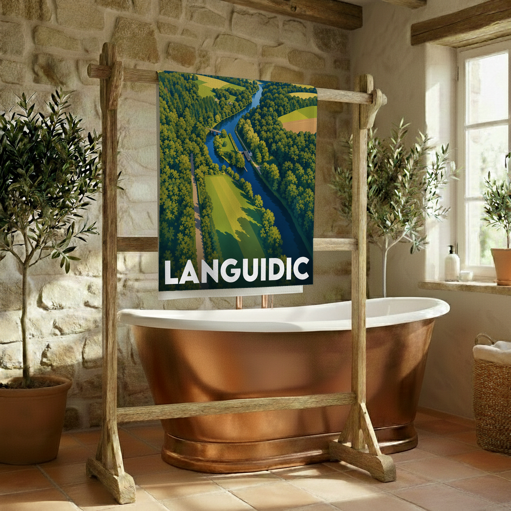 Serviette de bain souvenir de la ville de Languidic avec une illustration stylisée de la vallée du Blavet.