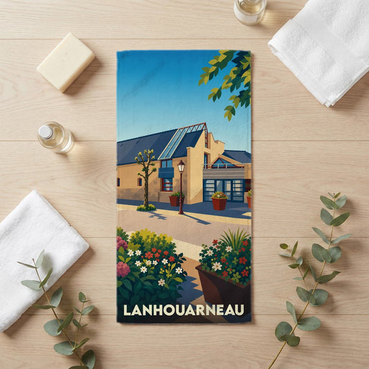 Serviette de bain souvenir de la ville de Lanhouarneau avec une illustration stylisée.