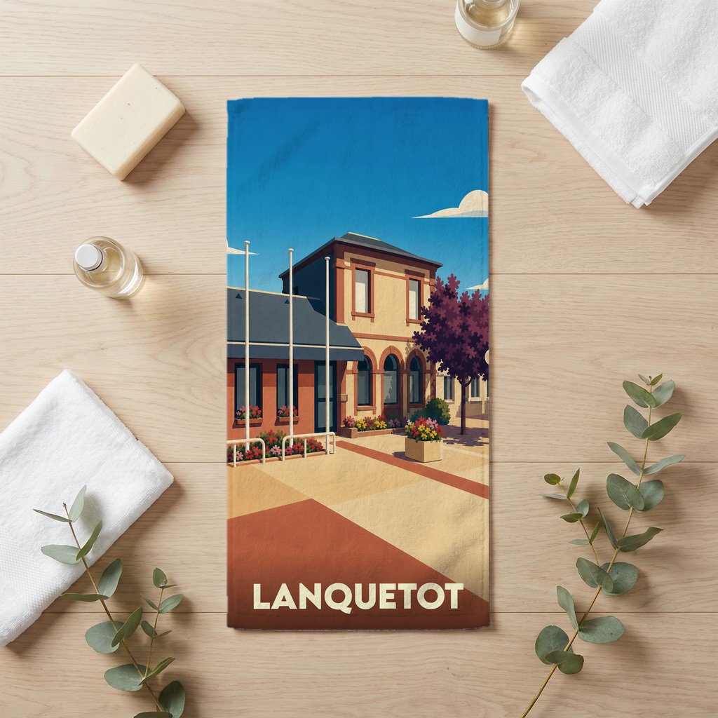 Serviette de bain souvenir de la ville de Lanquetot avec une illustration stylisée d'un bâtiment communal.