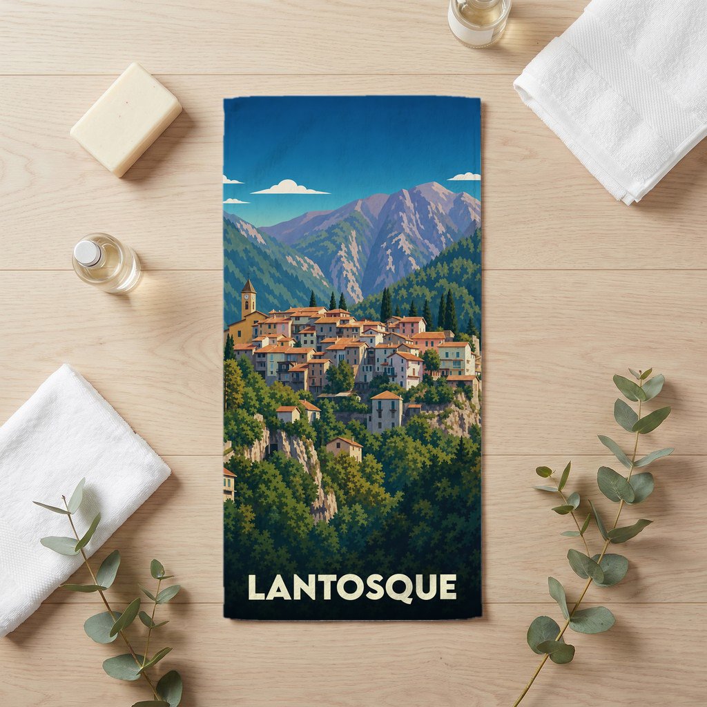Serviette de bain souvenir de la ville de Lantosque avec une illustration stylisée de montagne.