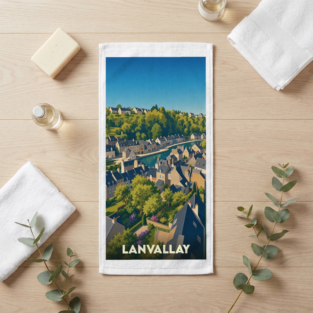 Serviette de bain souvenir de la ville de Lanvallay avec une illustration stylisée d'un paysage urbain au bord de l'eau.