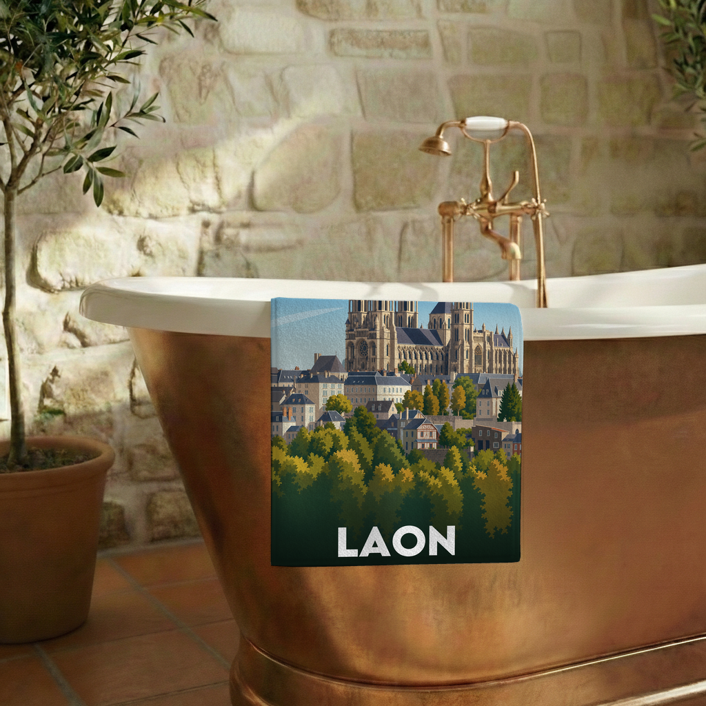 Serviette de bain souvenir de la ville de Laon avec une illustration stylisée.