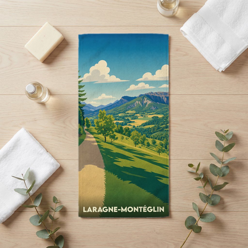 Serviette de bain souvenir de la ville de Laragne-Montéglin avec une illustration paysagère stylisée.
