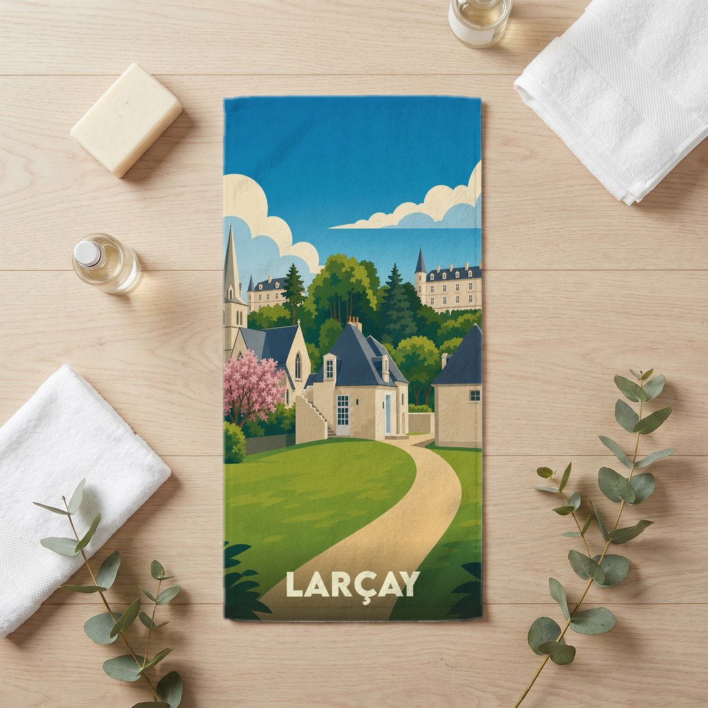Serviette de bain souvenir de la ville de Larçay avec une illustration stylisée de son paysage urbain et de sa nature.