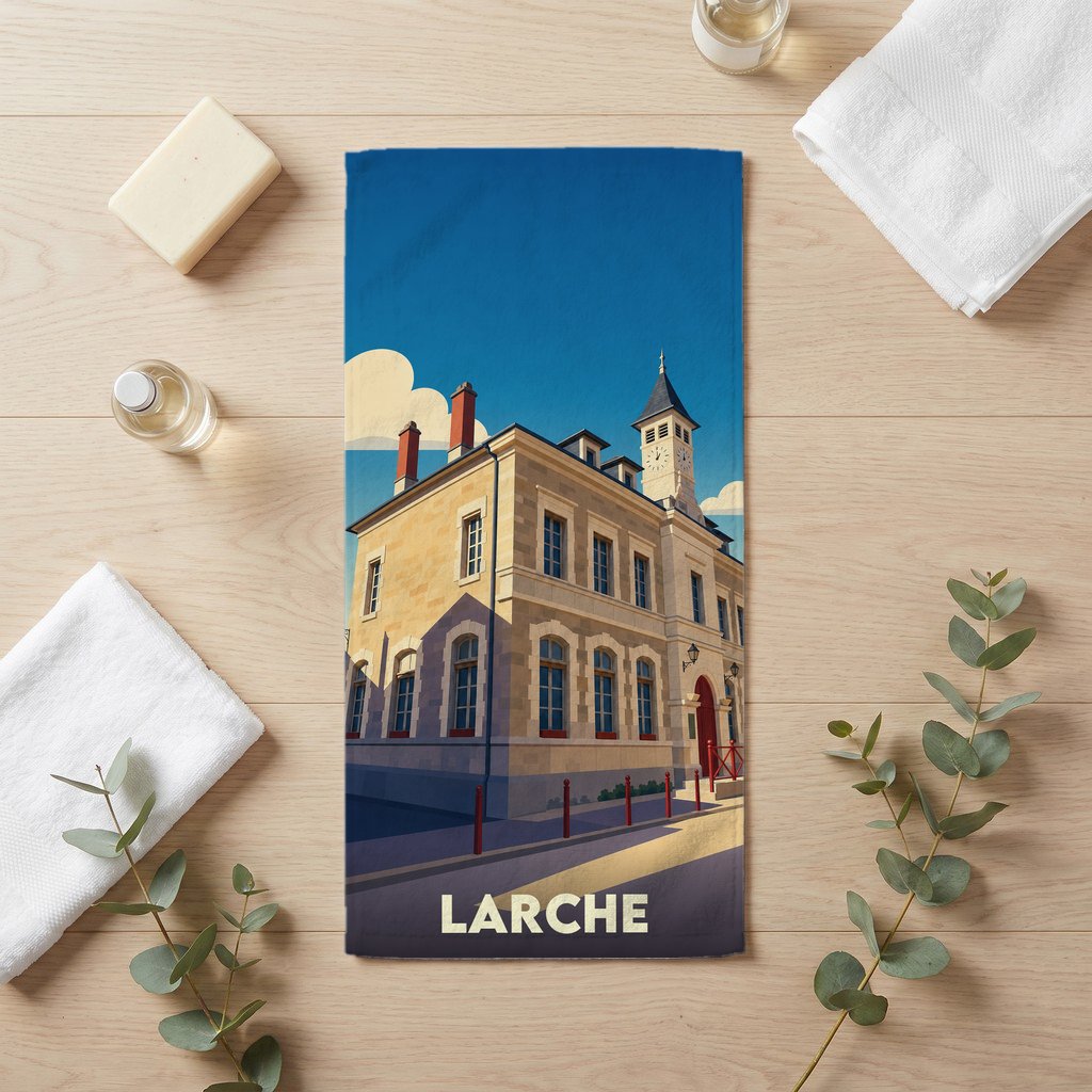 Serviette de bain souvenir de la ville de Larche avec une illustration stylisée de son architecture.