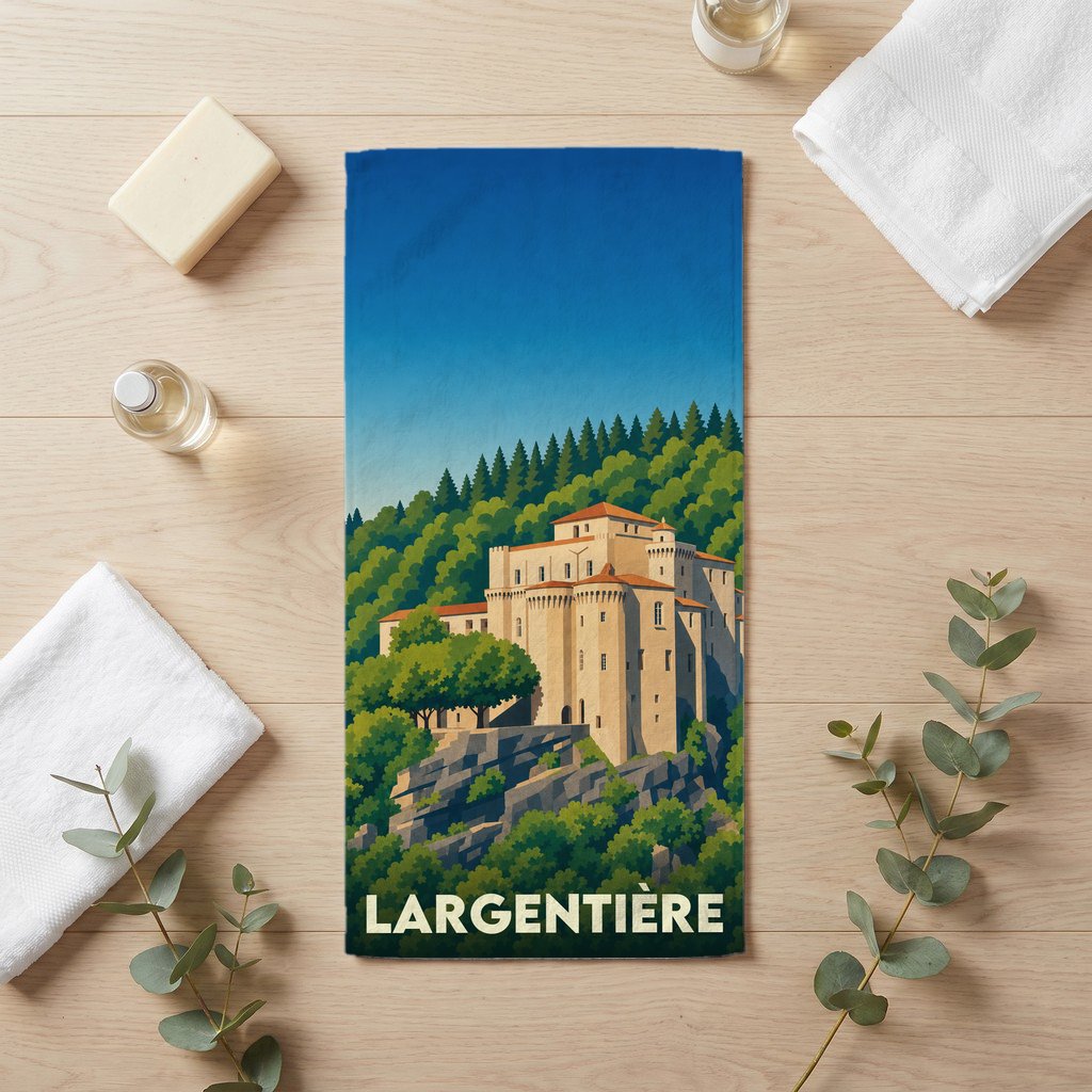 Serviette de bain souvenir de la ville de Largentière avec une illustration stylisée de son château.
