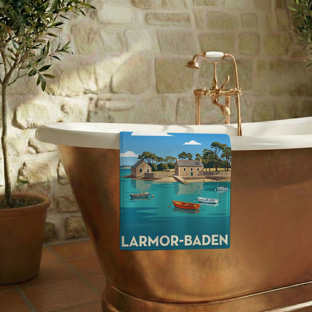 Serviette de bain souvenir de la ville de Larmor-Baden avec une illustration stylisée.