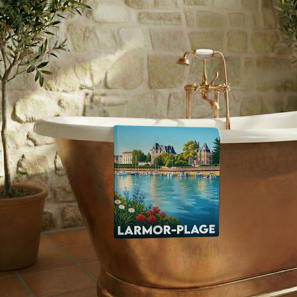 Serviette de bain souvenir de la ville de Larmor-Plage avec une illustration stylisée d'un port de plaisance.
