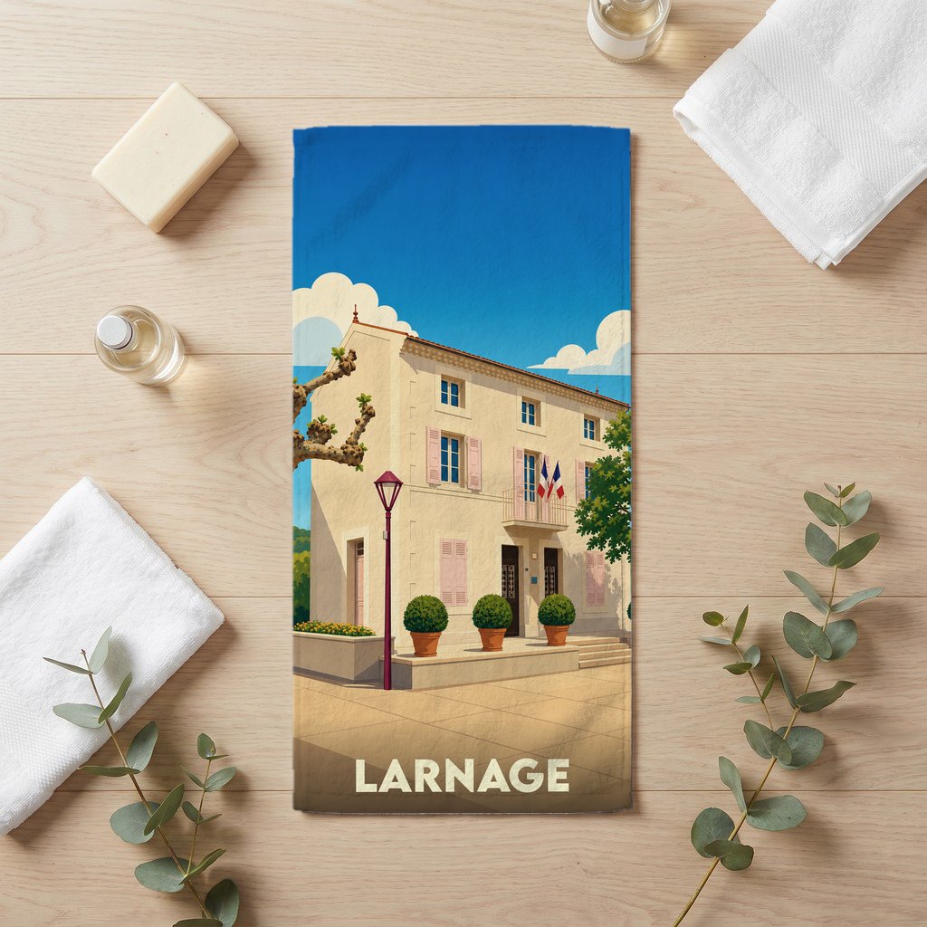 Serviette de bain souvenir de la ville de Larnage avec une illustration stylisée d'un bâtiment provençal.