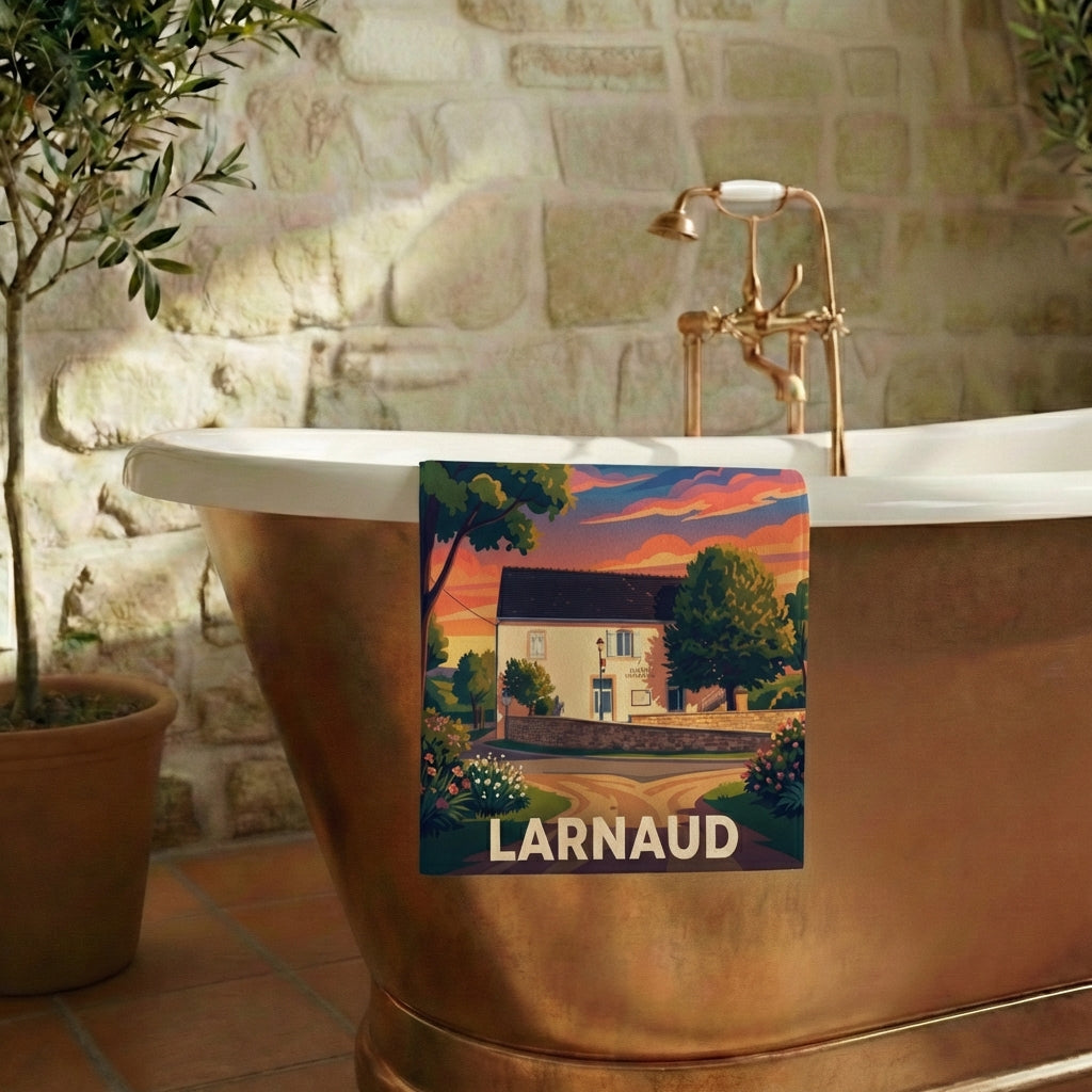 Serviette de bain souvenir de la ville de Larnaud avec une illustration stylisée.