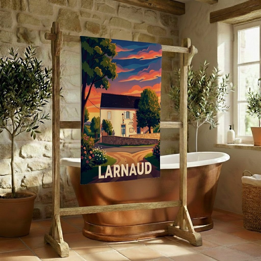 Serviette de bain souvenir de la ville de Larnaud avec une illustration stylisée de son paysage.