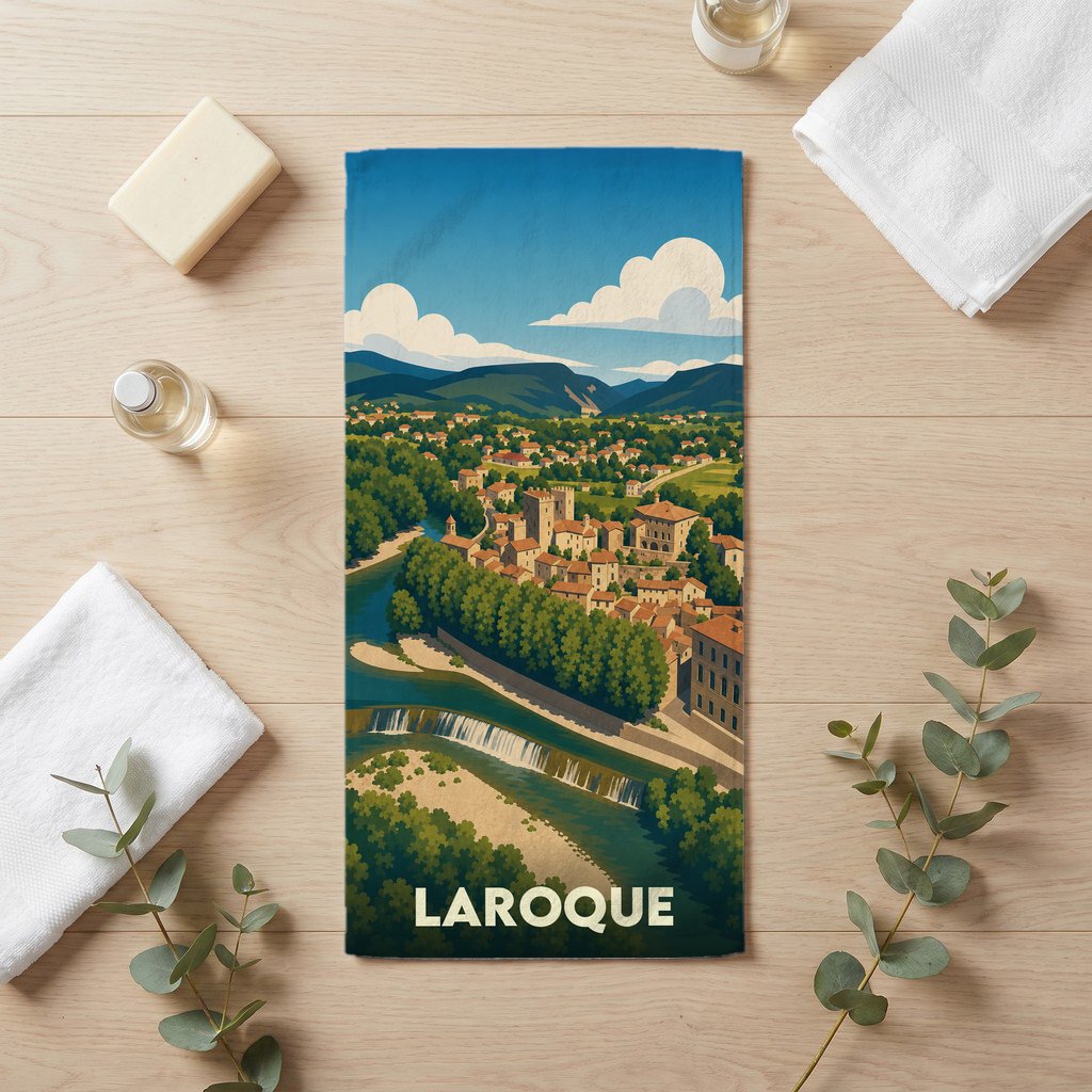 Serviette de bain souvenir de la ville de Laroque avec une illustration stylisée.