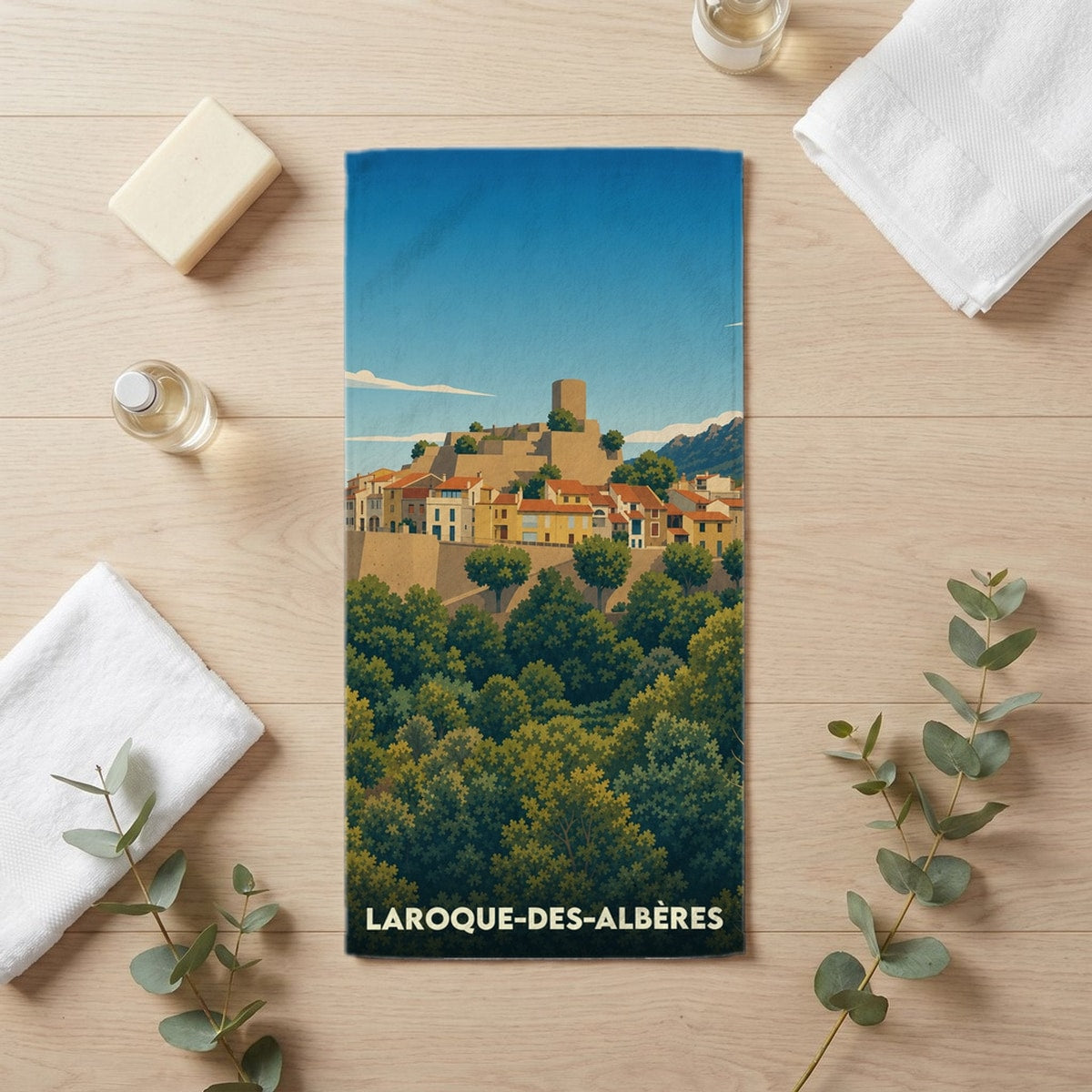 Serviette de bain 30 cm x 60 cm souvenir de Laroque-des-Albères