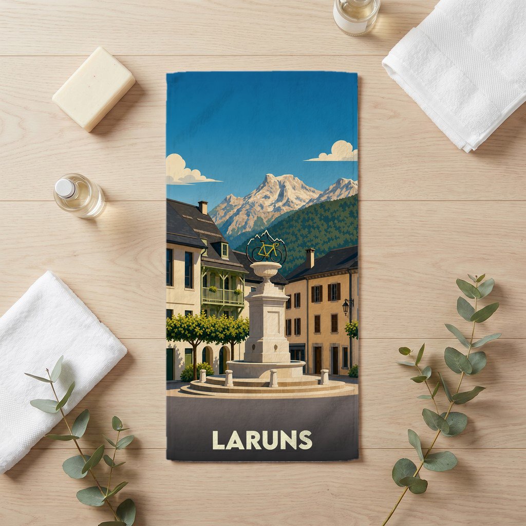 Serviette de bain souvenir de Laruns avec une illustration stylisée d'une fontaine sur fond de montagnes.