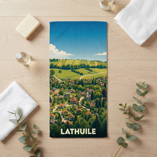 Serviette de bain souvenir de la ville de Lathuile avec une illustration stylisée de ses paysages.