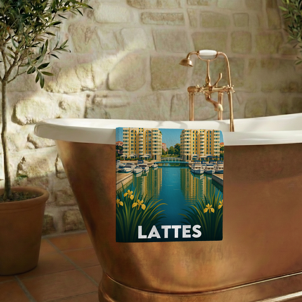 Serviette de bain souvenir de la ville de Lattes avec une illustration stylisée.