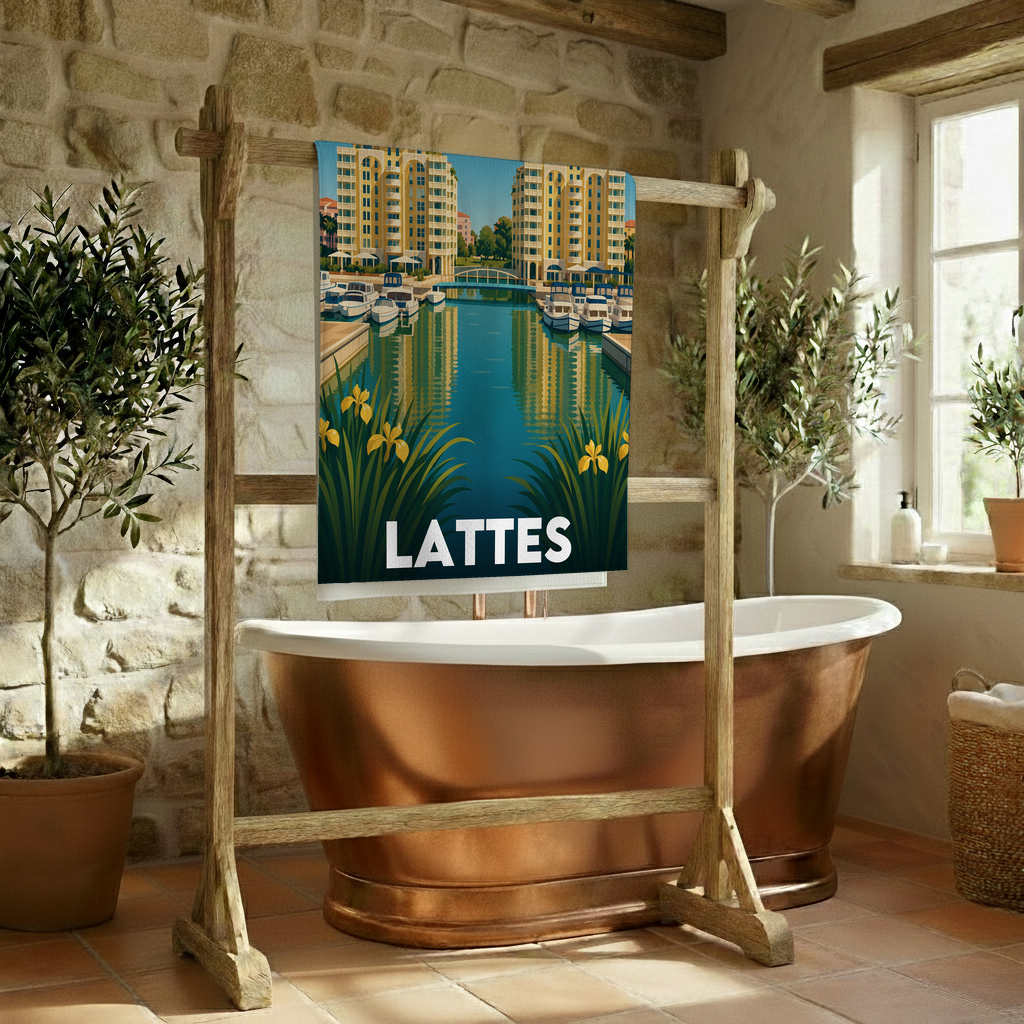 Serviette de bain souvenir de la ville de Lattes avec une illustration stylisée de son port.
