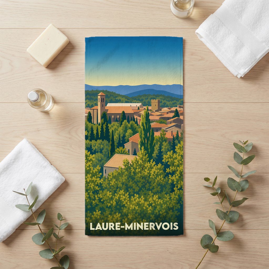 Serviette de bain souvenir de la ville de Laure-Minervois avec une illustration stylisée de son paysage urbain et arboré.