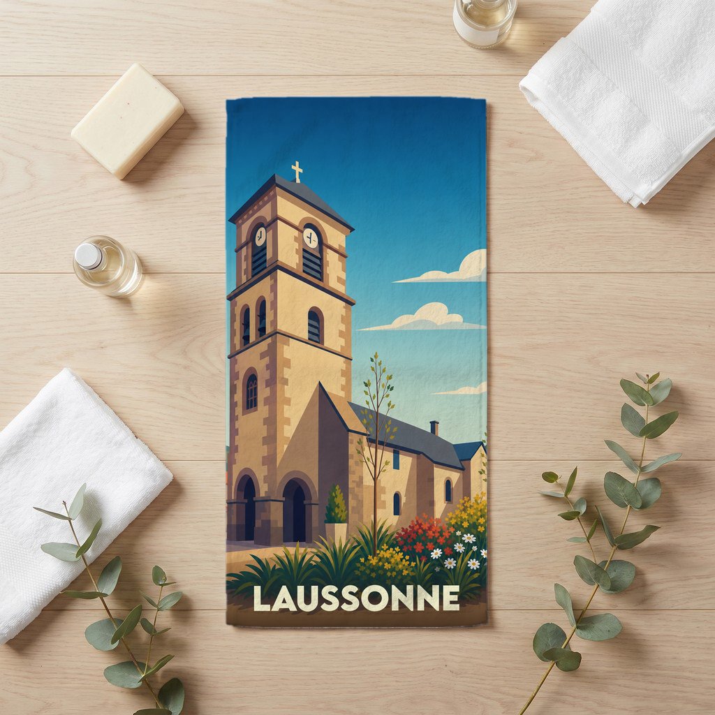 Serviette de bain souvenir de la ville de Laussonne avec une illustration stylisée de son église.