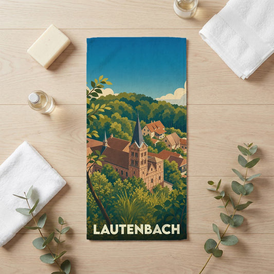 Serviette de bain souvenir de la ville de Lautenbach avec une illustration stylisée.