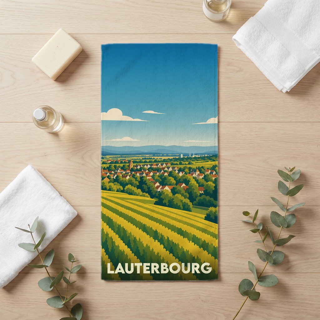 Serviette de bain souvenir de la ville de Lauterbourg avec une illustration de paysage stylisée.