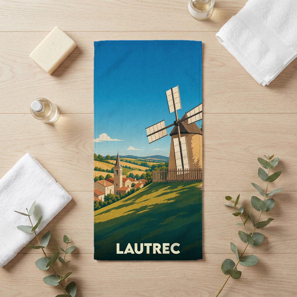 Serviette de bain souvenir de la ville de Lautrec illustrée par un moulin à vent surplombant le village.