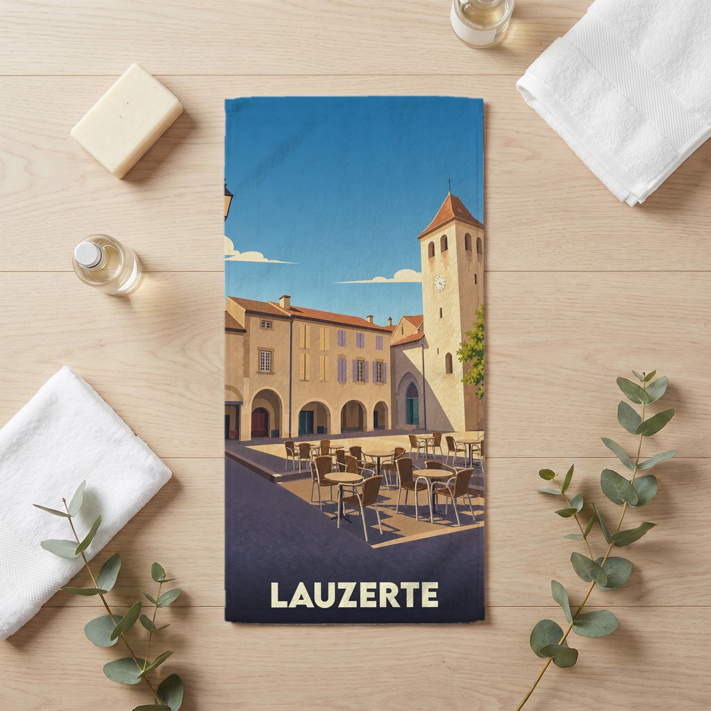 Serviette de bain souvenir de la ville de Lauzerte ornée d'une illustration stylisée de sa place principale.
