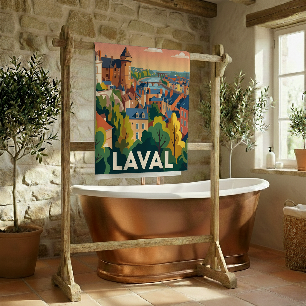 Serviette de bain souvenir de la ville de Laval avec une illustration stylisée et colorée.