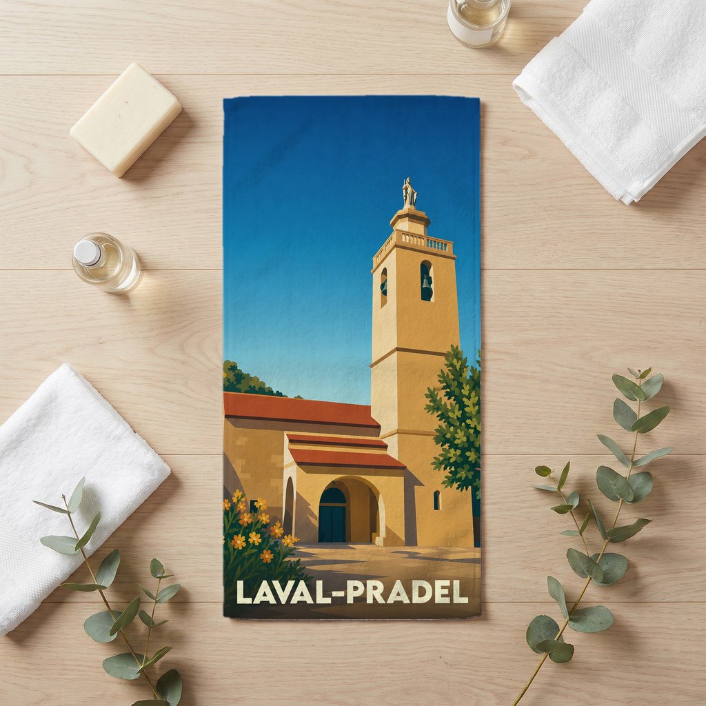 Serviette de bain souvenir de la ville de Laval-Pradel avec une illustration stylisée de son église.